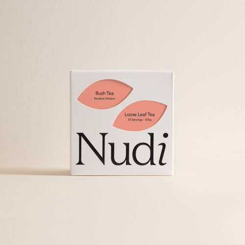 Nuditea bush tea luxury box decorated with earthy labels.